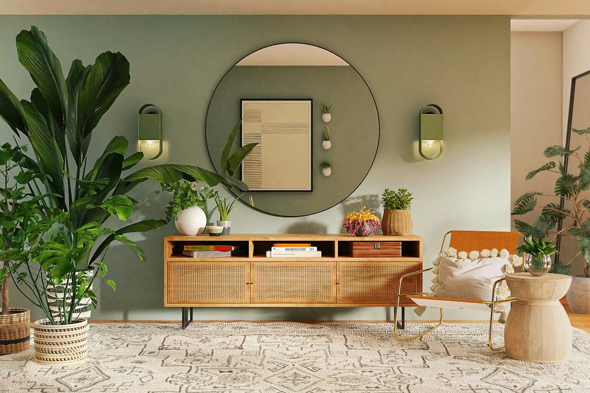 A wooden dining table and bench beside a round mirror and plants