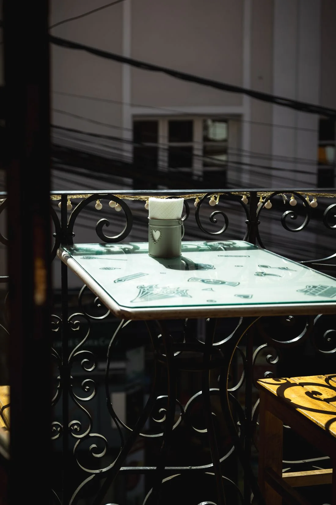 Mug on a sunlit balcony table