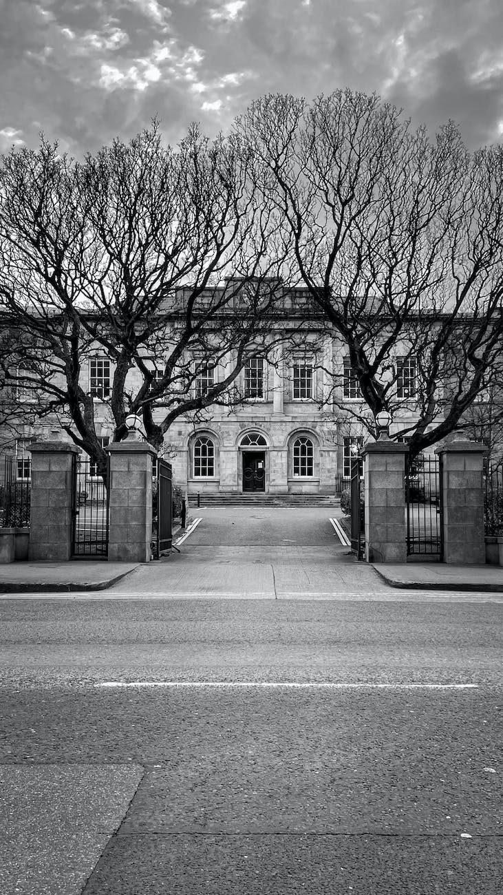 grayscale photo of a building driveway