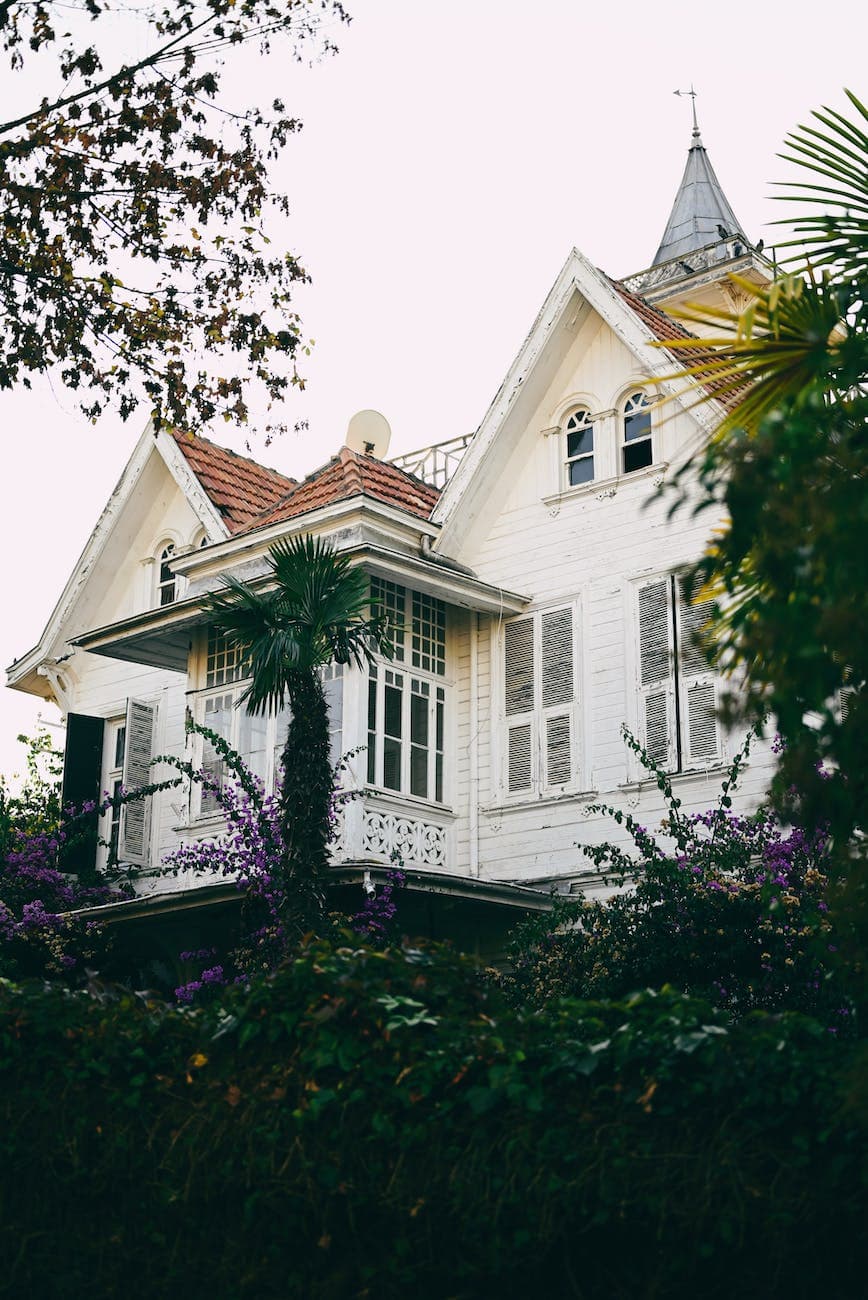 beautiful white mansion with trees near