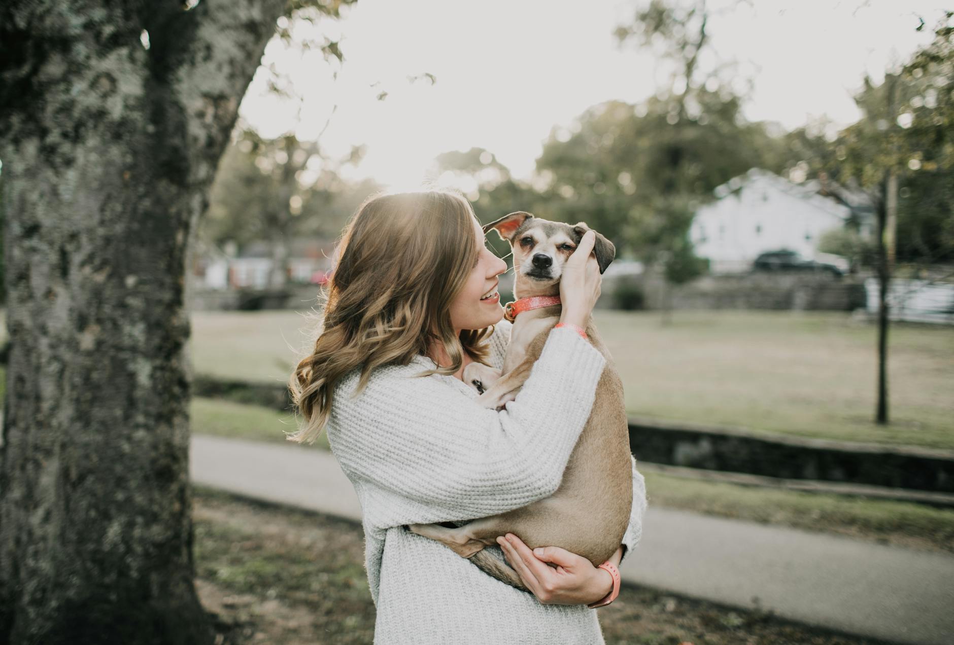 smiling woman carrying dog near tree
