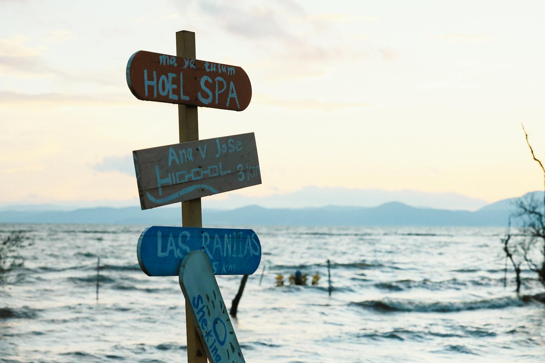 beachside signposts at sunset by the sea
