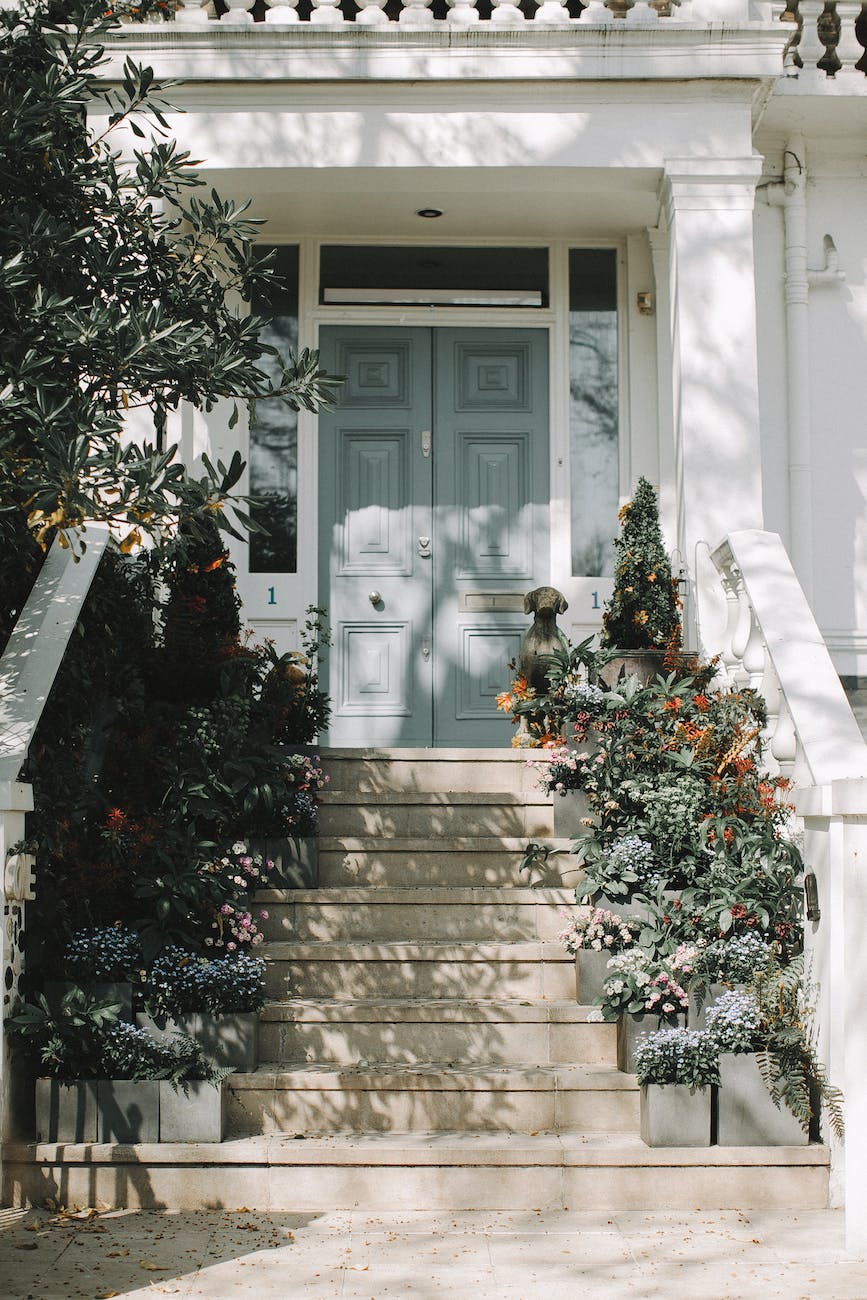 green plants on white concrete staircase