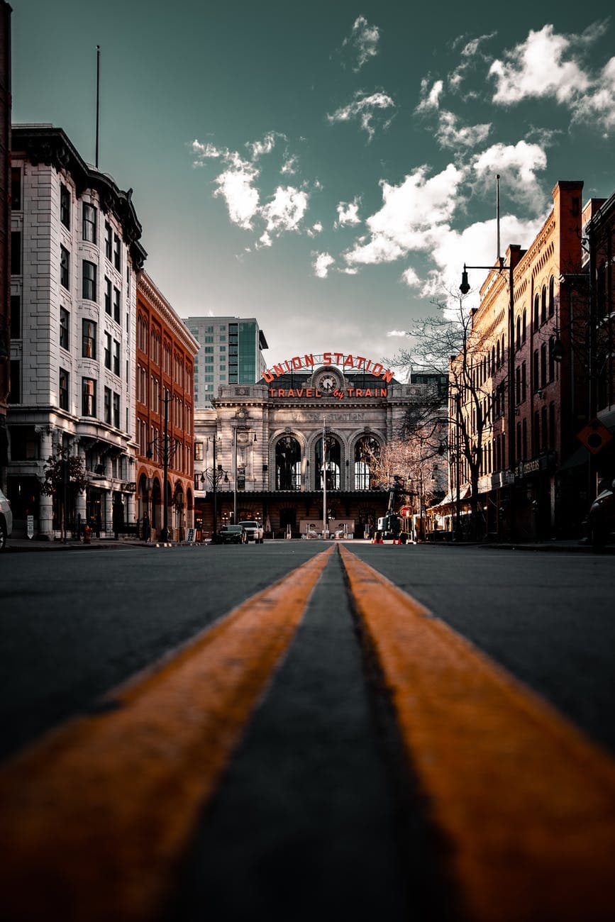 low angle shot of leading lines across the denver union station