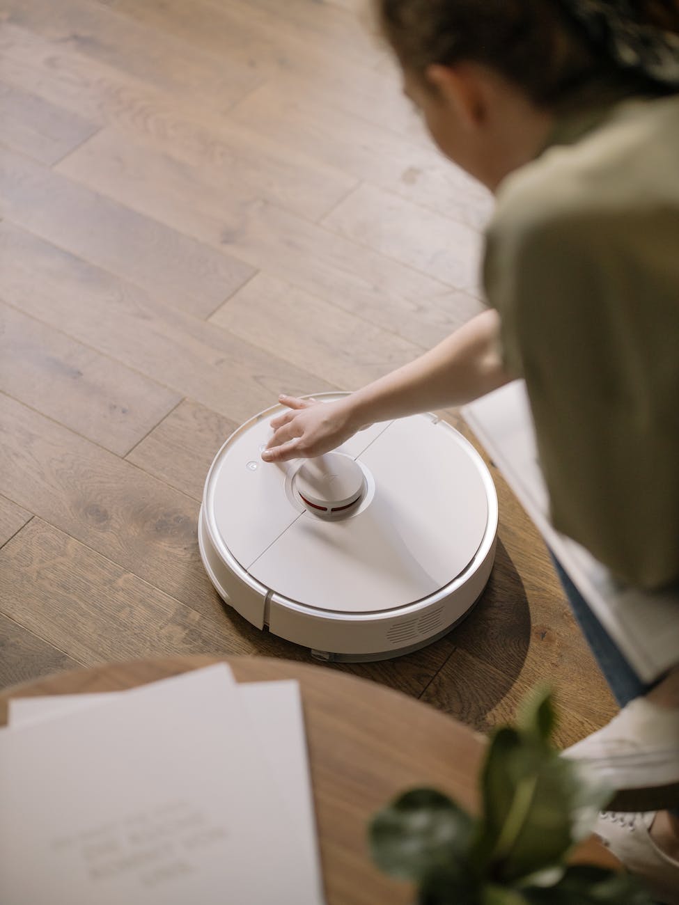 person in brown shirt holding white round plate