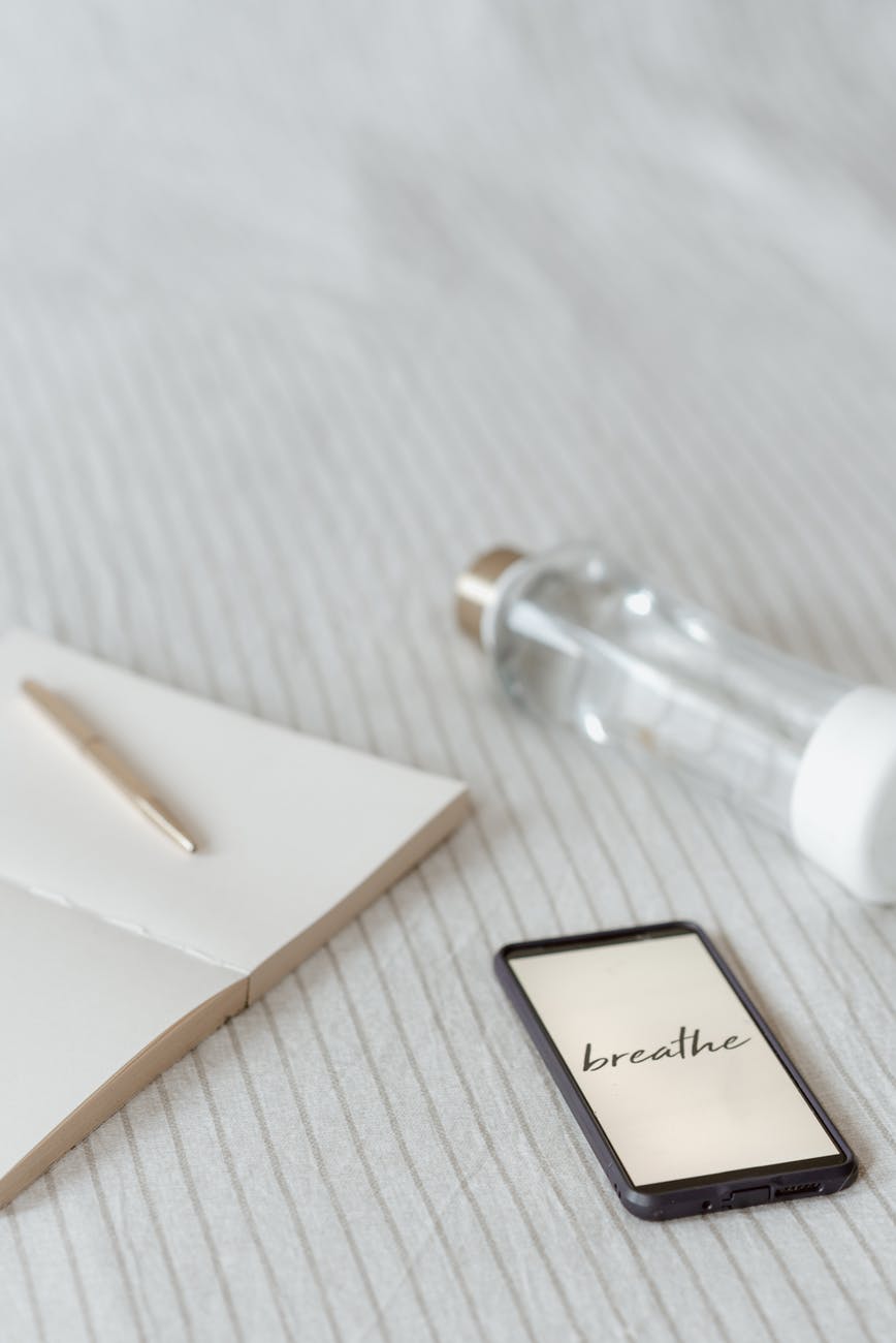 smartphone with title near bottle and diary on bed