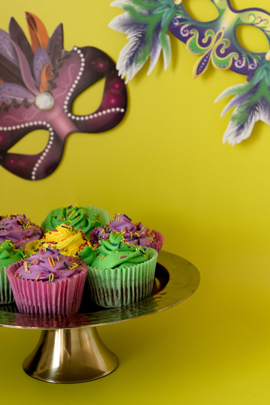 colorful cupcakes and masks with yellow background