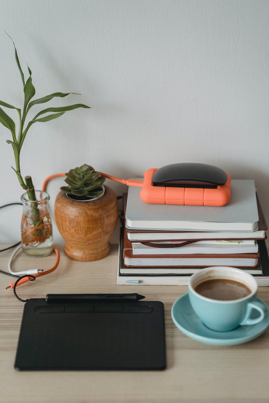 graphic tablet and plants near cup of coffee and notebooks